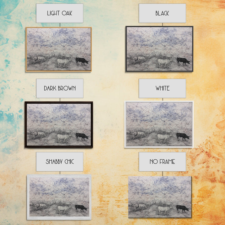 Pastoral Cattle Under Abstract Network Sky Wall Art, African Landscape, Farm Animal Art, Minimalist Office Decor Gift For Him