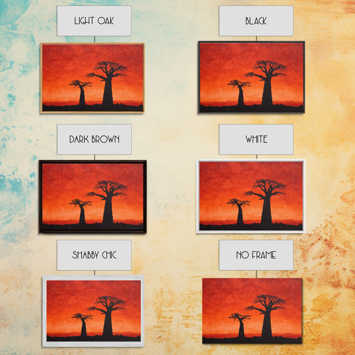 Baobab Tree Silhouettes At Fiery Sunset Wall Art, African Landscape, Safari Decor, Burnt Orange Art Print, Living Room Decor