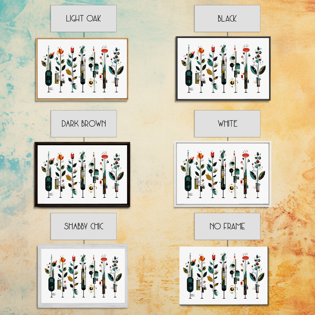 Musical Botanical Towers With Abstract Flowers Wall Art, Modern African Inspired Decor, Colorful Living Room Canvas Print