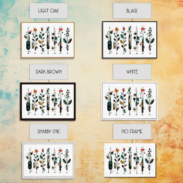 Musical Botanical Towers With Abstract Flowers Wall Art, Modern African Inspired Decor, Colorful Living Room Canvas Print