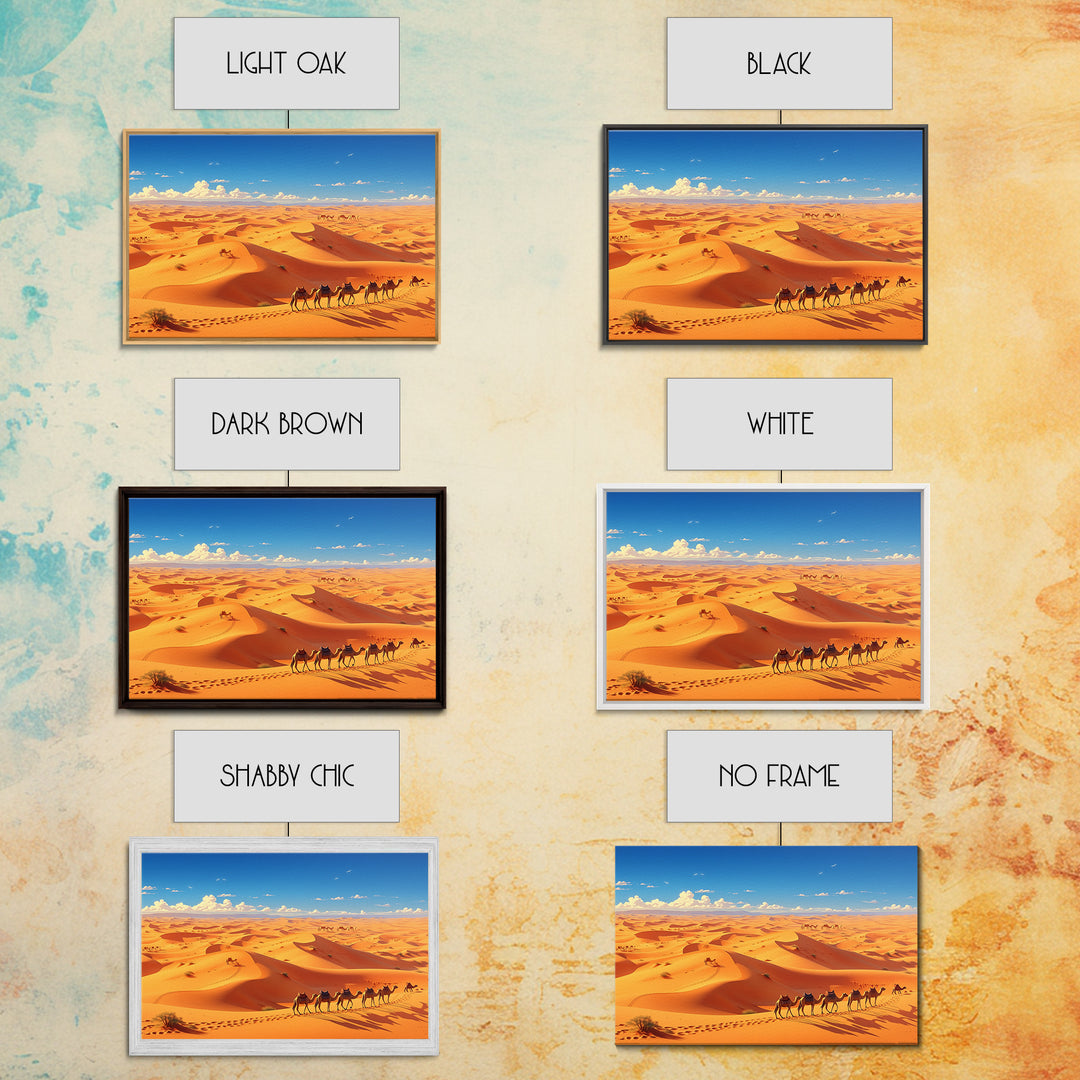 Golden Sahara Dunes With Camel Caravan, African Wall Art, Desert Landscape Print, Travel Decor, Boho Living Room Gift Poster