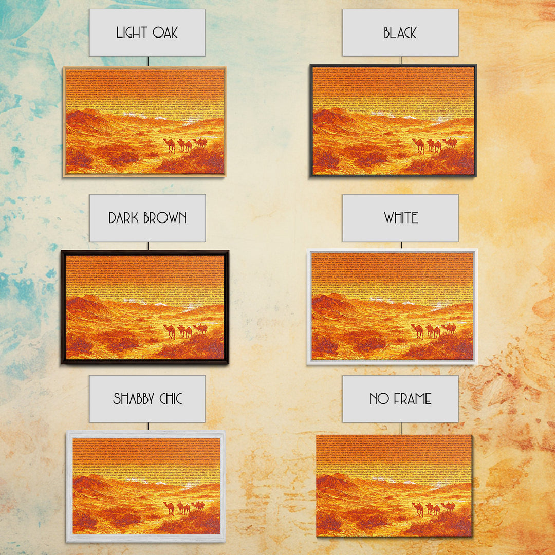 Orange Desert Camel Caravan With Text Texture, African Wall Art, Sahara Landscape Poster, Burnt Orange Boho Decor Gift Print