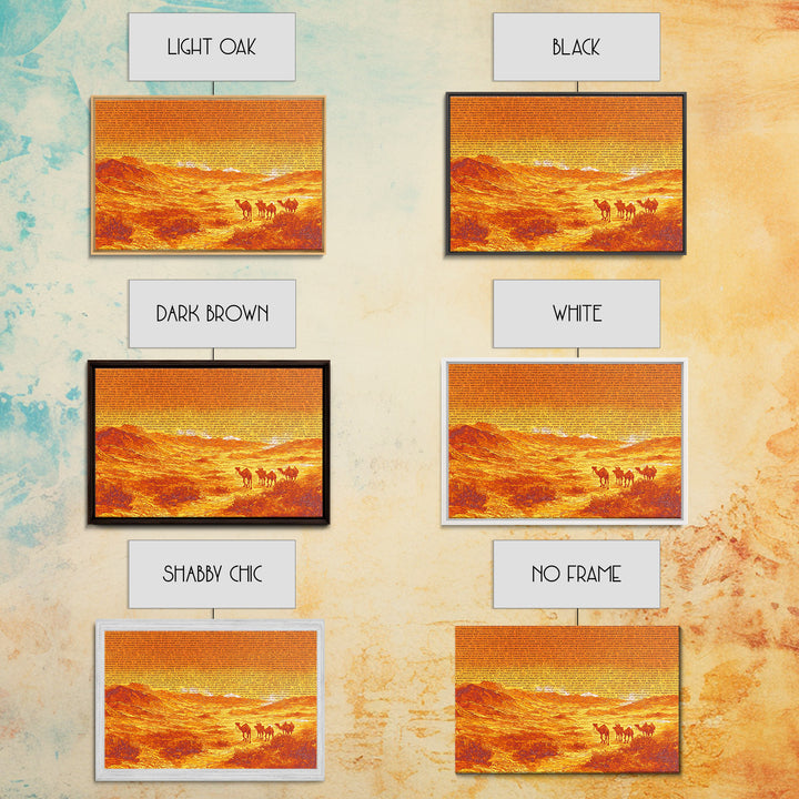 Orange Desert Camel Caravan With Text Texture, African Wall Art, Sahara Landscape Poster, Burnt Orange Boho Decor Gift Print