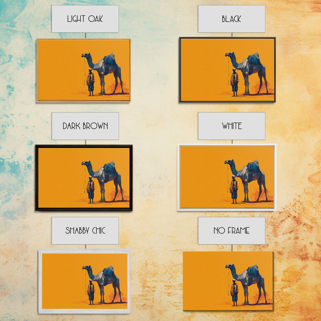 Blue Camel And Tuareg Traveler On Orange, African Wall Art, Minimalist Desert Portrait, Unique Canvas Gift For Him, Home Decor