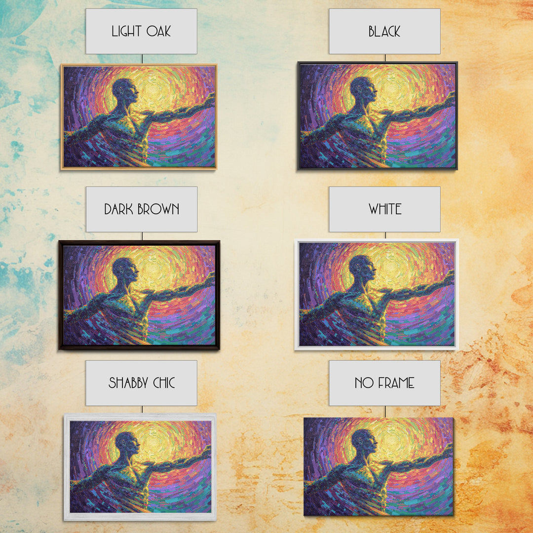 Radiant African Dancer Silhouette Canvas Print, Spiritual Abstract Wall Art, Colorful Black Figure, Meditation Room Decor