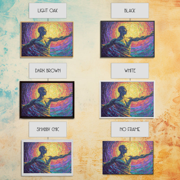 Radiant African Dancer Silhouette Canvas Print, Spiritual Abstract Wall Art, Colorful Black Figure, Meditation Room Decor