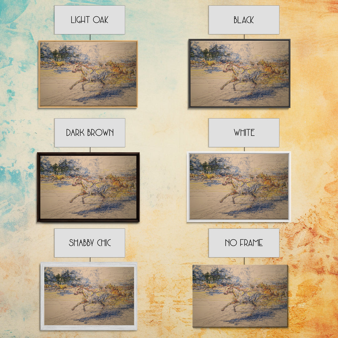 Galloping Horses In Dynamic Sketch Canvas Print, Abstract Painting, Statement Modern Wall Decor, Rustic Living Room Art Gift