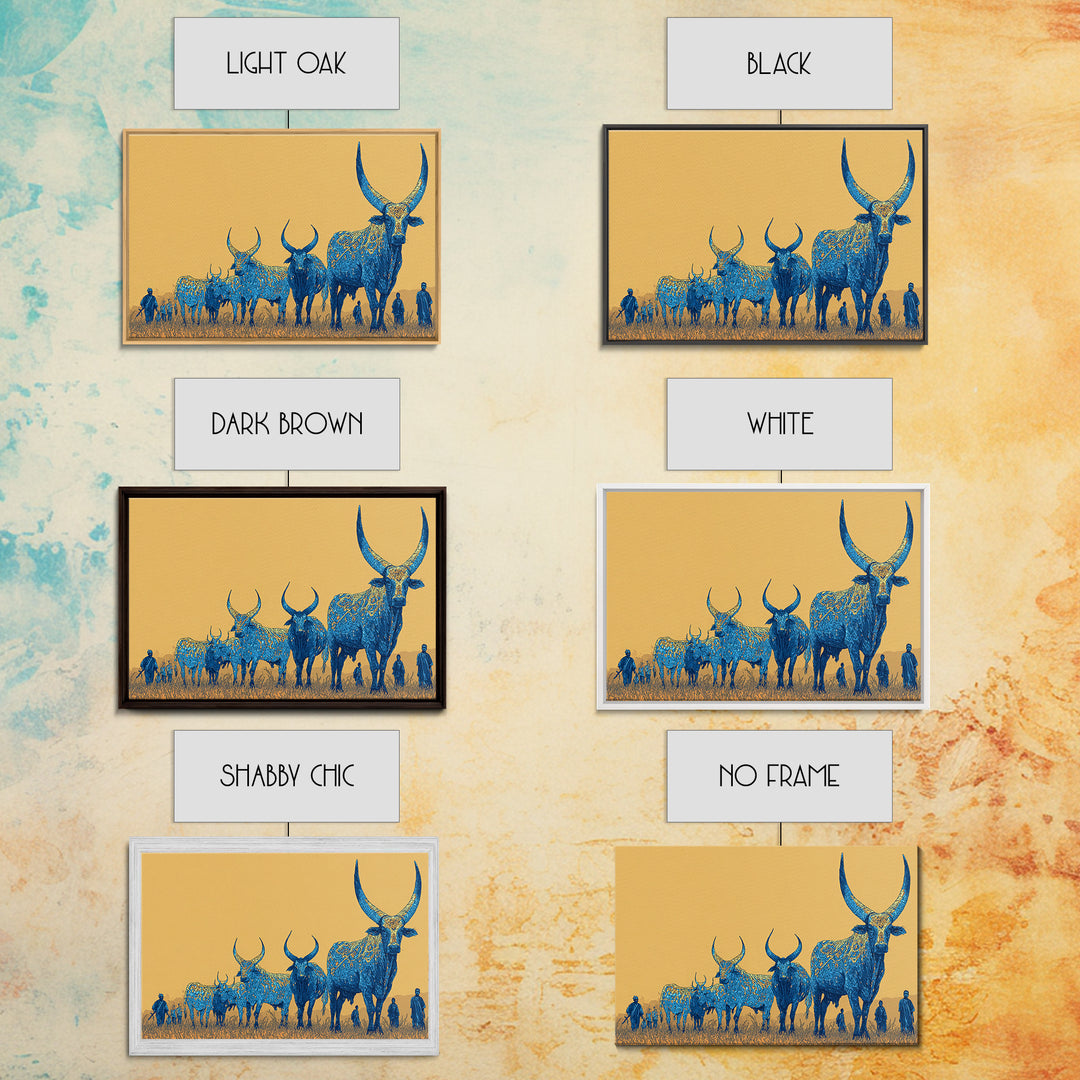 Blue Ornate Ankole Cattle Herd Canvas Print, African Safari Art, Tribal Animal Decor, Golden Savanna Statement Wall Art Print