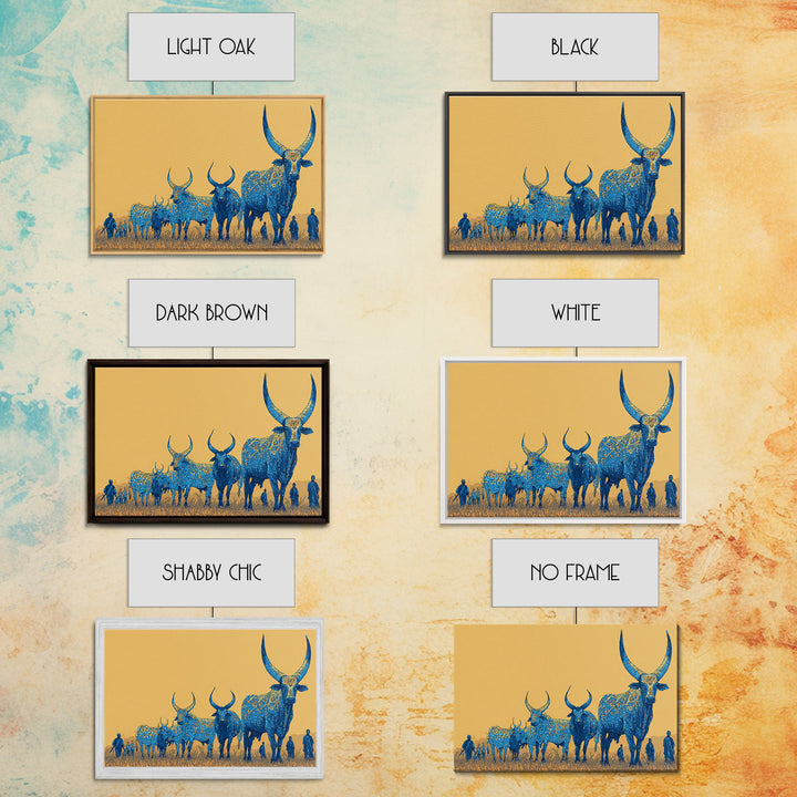 Blue Ornate Ankole Cattle Herd Canvas Print, African Safari Art, Tribal Animal Decor, Golden Savanna Statement Wall Art Print