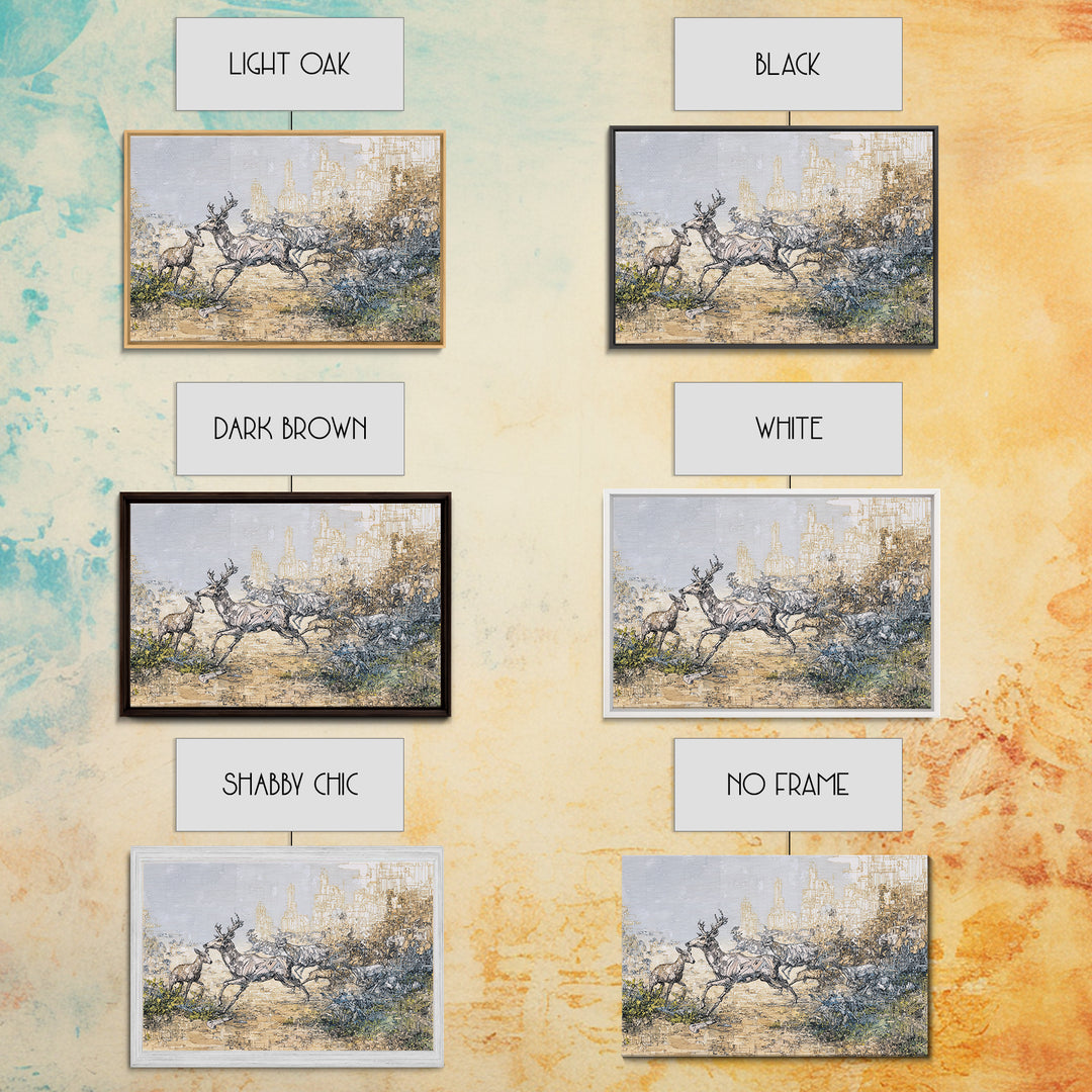 Leaping Antelope Beside Abstract City Skyline Wall Art, African Safari Art Print, Modern Nature Scene, Office Decor Gift