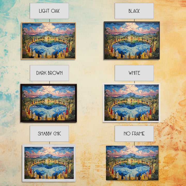 African Village Gathering By Blue Lake Wall Art, Colorful Landscape, Cultural Celebration, Large Living Room Canvas Print