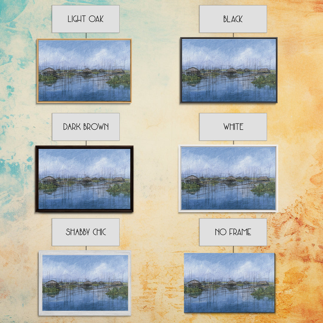 Rainy Wetland Stilt Huts With Blue Reflections Wall Art, African Landscape, Modern Coastal Decor, Peaceful Canvas Print Gift