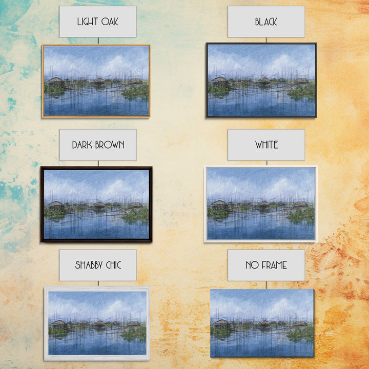 Rainy Wetland Stilt Huts With Blue Reflections Wall Art, African Landscape, Modern Coastal Decor, Peaceful Canvas Print Gift