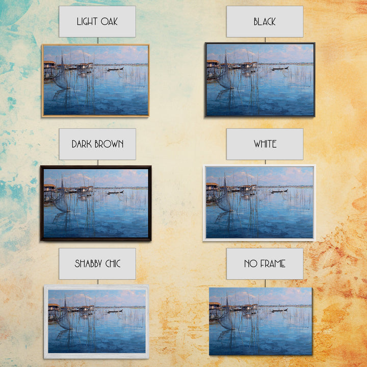 Painterly Blue Stilt Village With Small Boat Canvas Print, African Wall Art, Coastal Living Room Decor, Serene Lake Gift