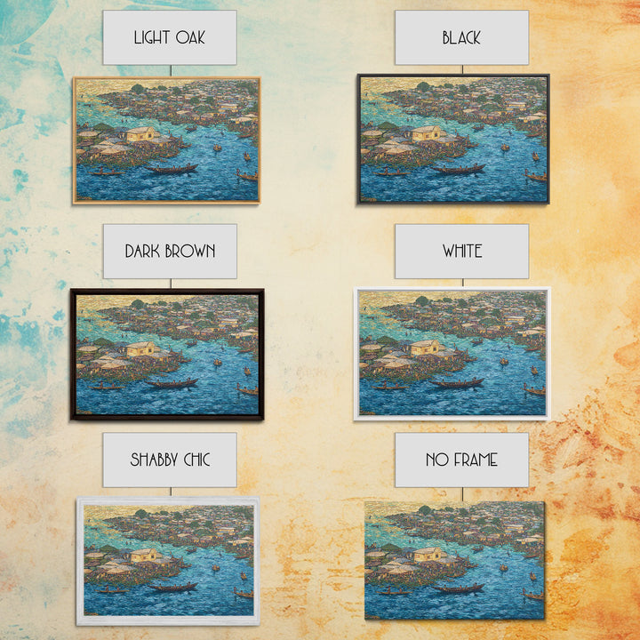 Blue Floating Village Canvas Print, African Coastal Boats And Water Market, Cultural Wall Decor For Living Room Gallery Art
