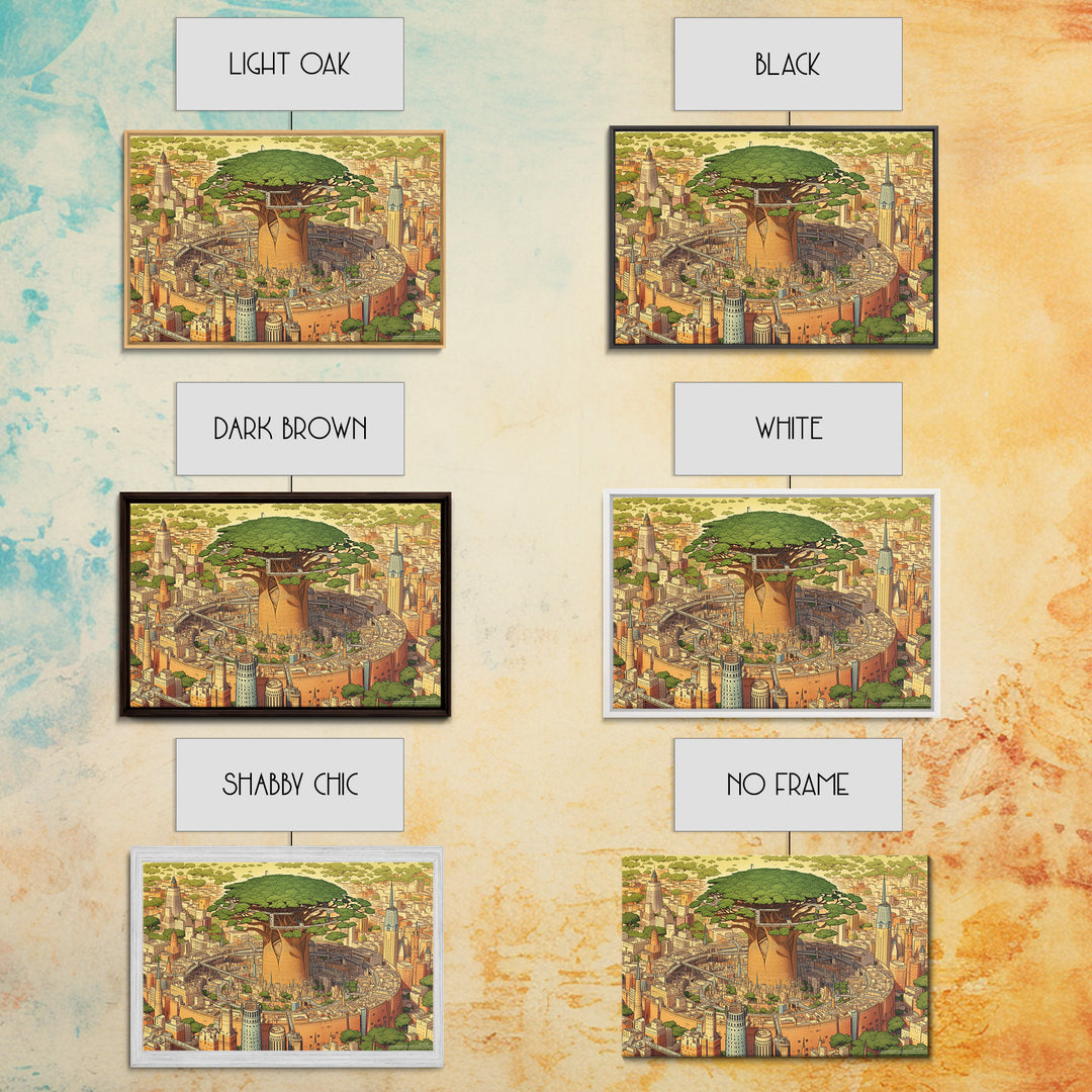 Illustrated Baobab Megacity, African Tree Wall Art, Framed Canvas Print, Afrofuturism Decor, Statement Cultural Home Decor Gift