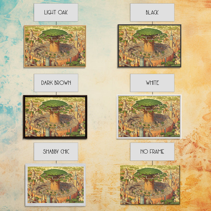 Illustrated Baobab Megacity, African Tree Wall Art, Framed Canvas Print, Afrofuturism Decor, Statement Cultural Home Decor Gift