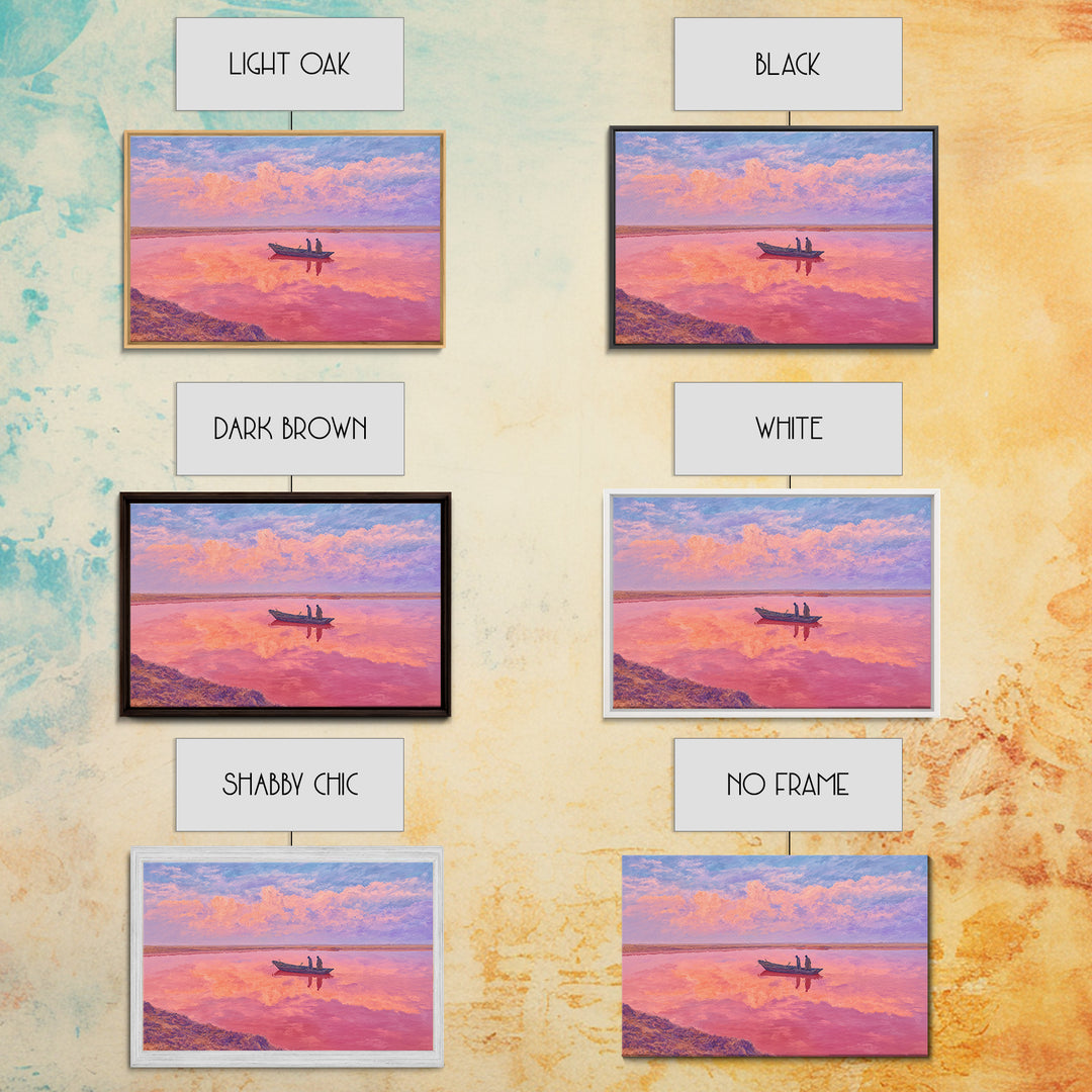 Pastel Pink Lake Boat At Sunset Canvas Print, African Landscape Wall Art, Dreamy Coastal Decor, Senegal Inspired Travel Gift