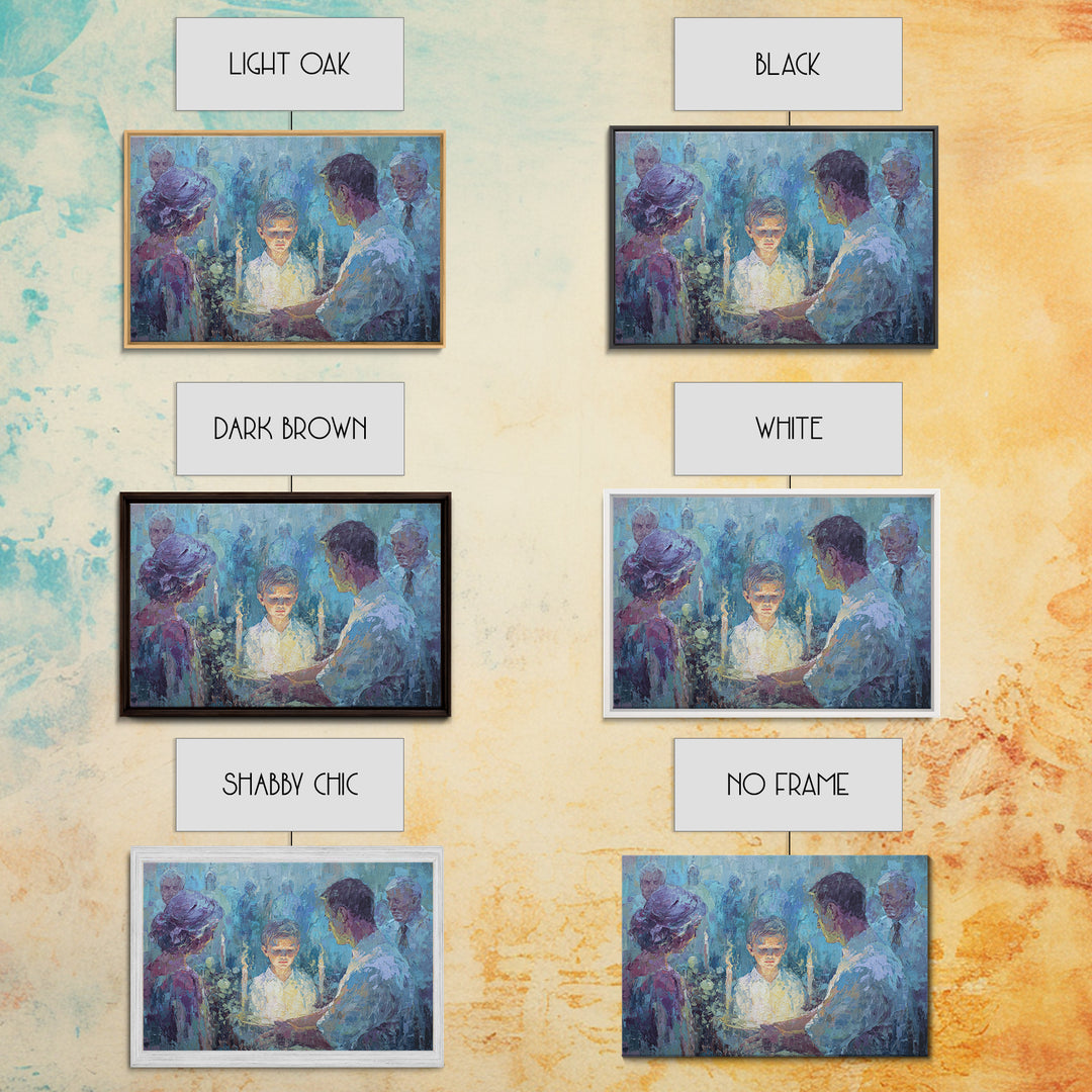 Candlelit Boy Ritual Wall Art, Blue Spiritual Family Ceremony Painting, Dreamy Portrait Canvas Decor, Meaningful Home Gift