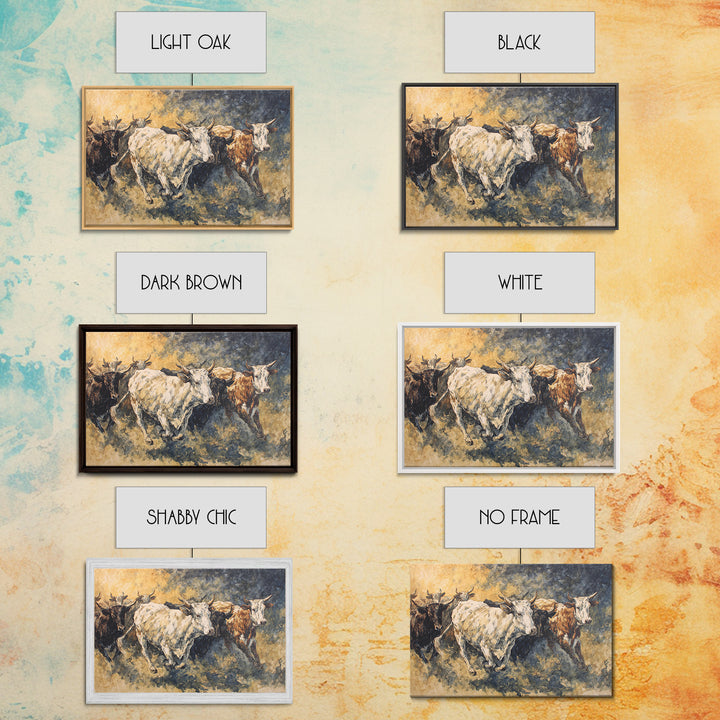 Galloping Longhorn Cattle Canvas Print, African Safari Wall Decor, Rustic Animal Painting, Earth Tone Statement Artwork Gift