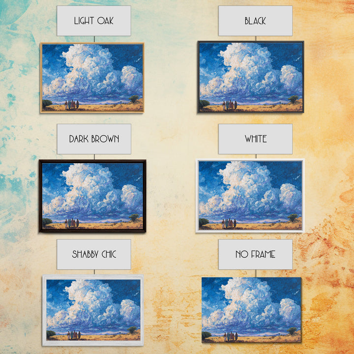 Maasai Figures Beneath Towering Blue Clouds Wall Art, African Landscape Canvas Print, Cultural Art, Living Room Decor Gift