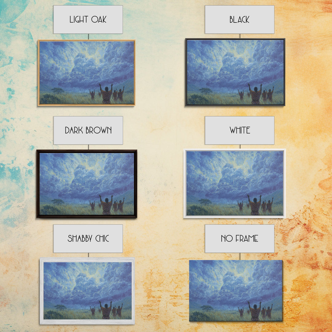 Figures Raising Hands To Radiant Blue Storm Wall Art, Spiritual African Canvas Print, Ancestral Decor, Prayer Room Art Gift