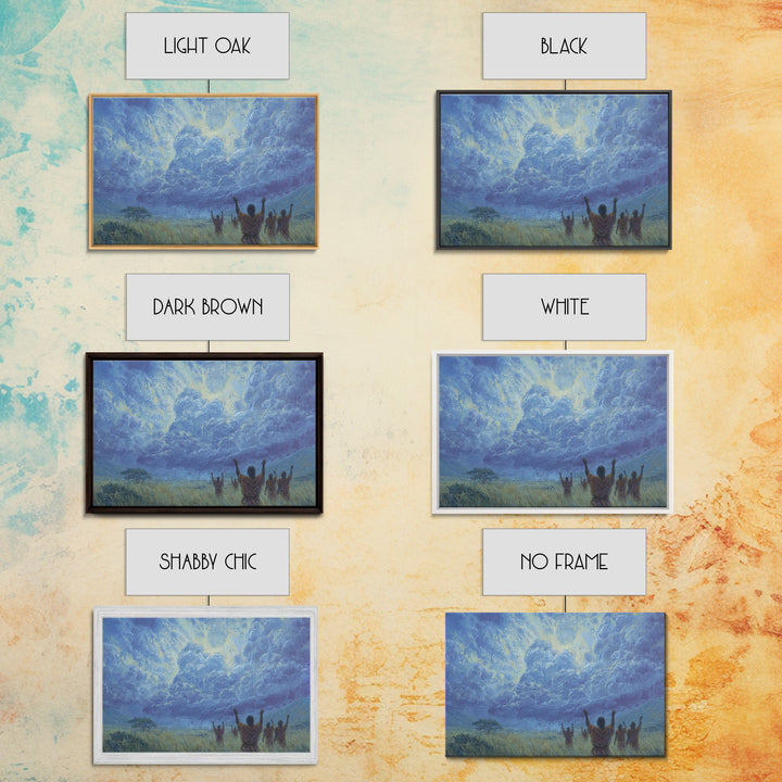 Figures Raising Hands To Radiant Blue Storm Wall Art, Spiritual African Canvas Print, Ancestral Decor, Prayer Room Art Gift
