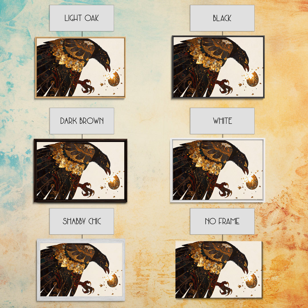 Golden Falcon Breaking Egg Canvas Print, Mythic Bird Wall Art, African Inspired Decor, Bold Contemporary Art, Unique Home Decor