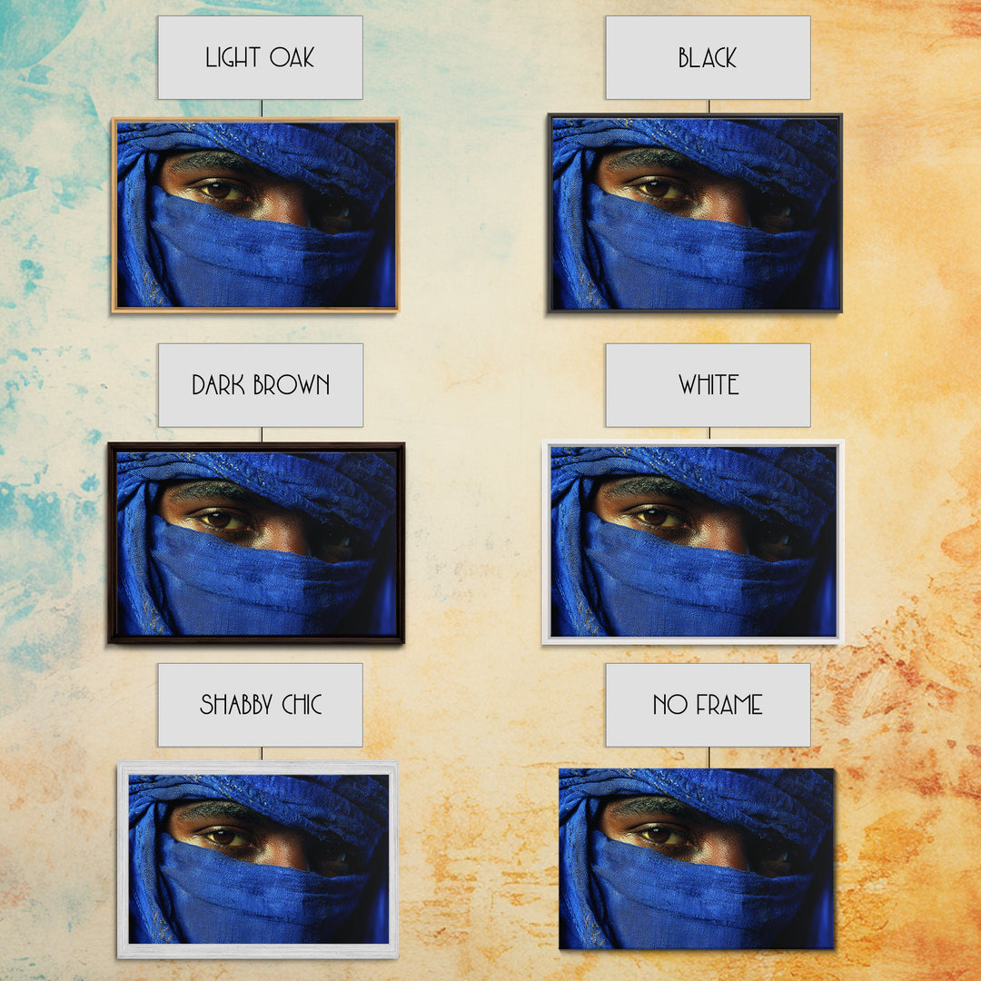 Blue Veiled Tuareg Eyes Portrait Framed Canvas Print, African Portrait, Moroccan Travel Art, Bold Cultural Wall Decor, Gift For Him