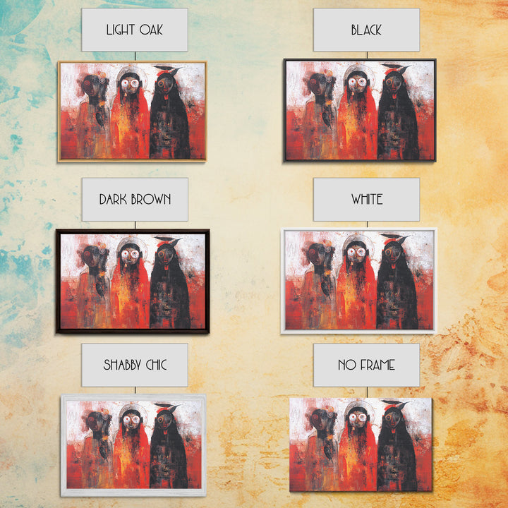 Mystic Three Tribal Figures In Red And Black Abstract Wall Art, African Mask Art Decor, Spiritual Afrocentric Canvas Print