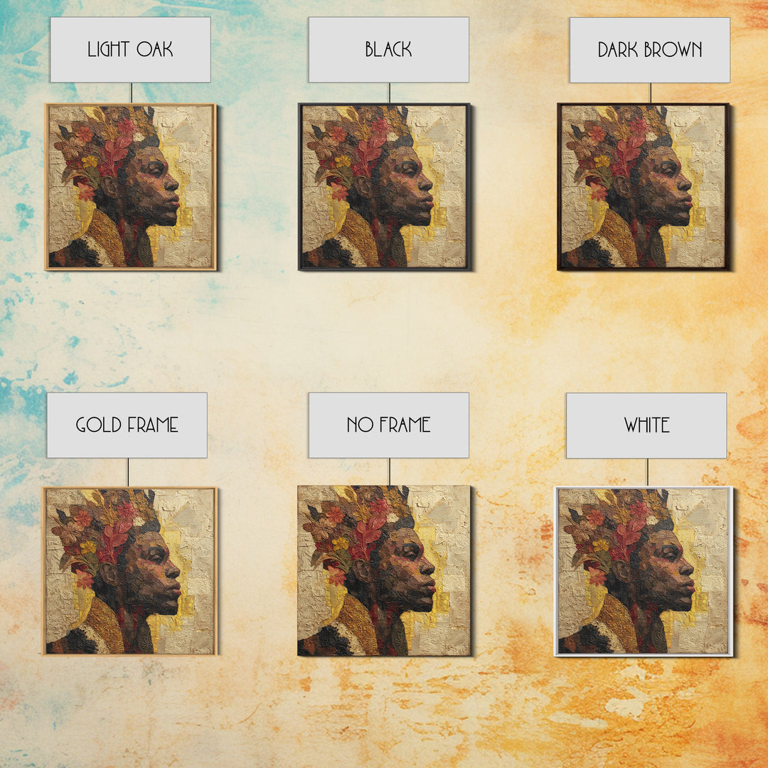 Expressive Portrait with Ornate Floral Background and Canvas Print, African Inspired Art, Fine Art Print, Living Room Decor, AIA-1x1-29