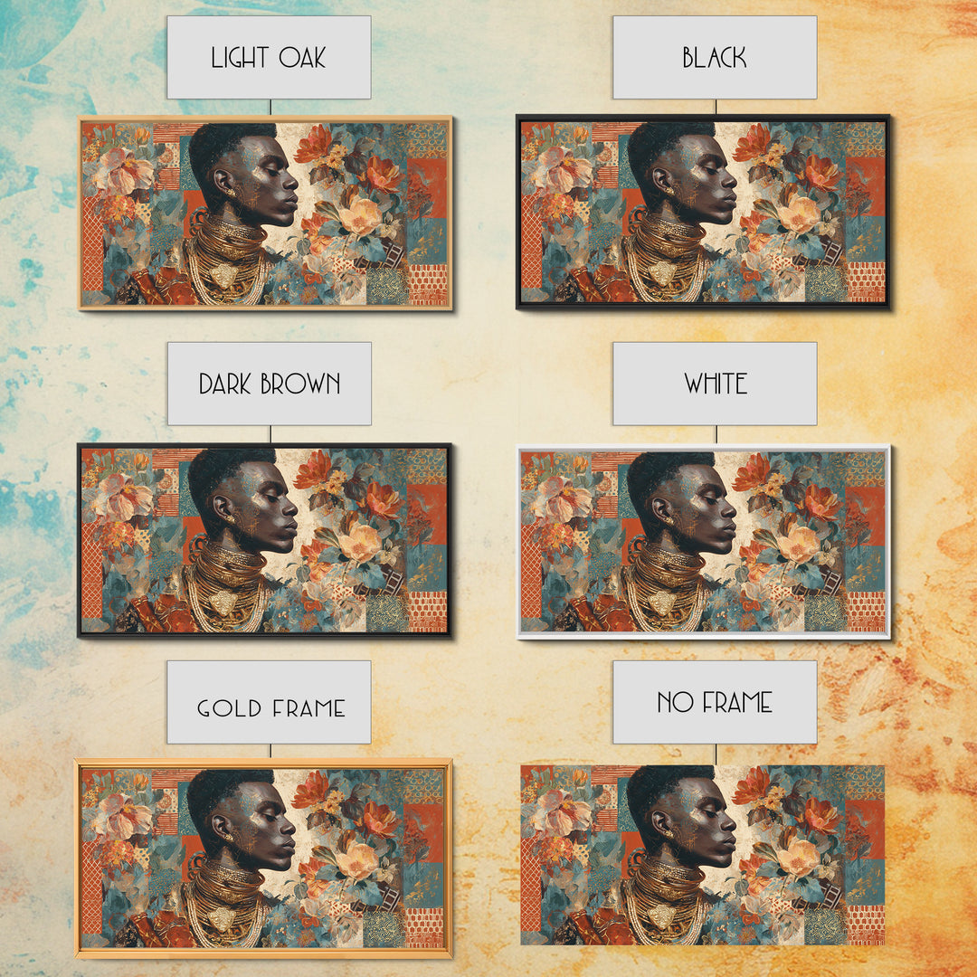 Expressive Portrait with Ornate Floral Background and Canvas Print, African Inspired Art, Abstract Art, Living Room Decor, AIA-2x1-49