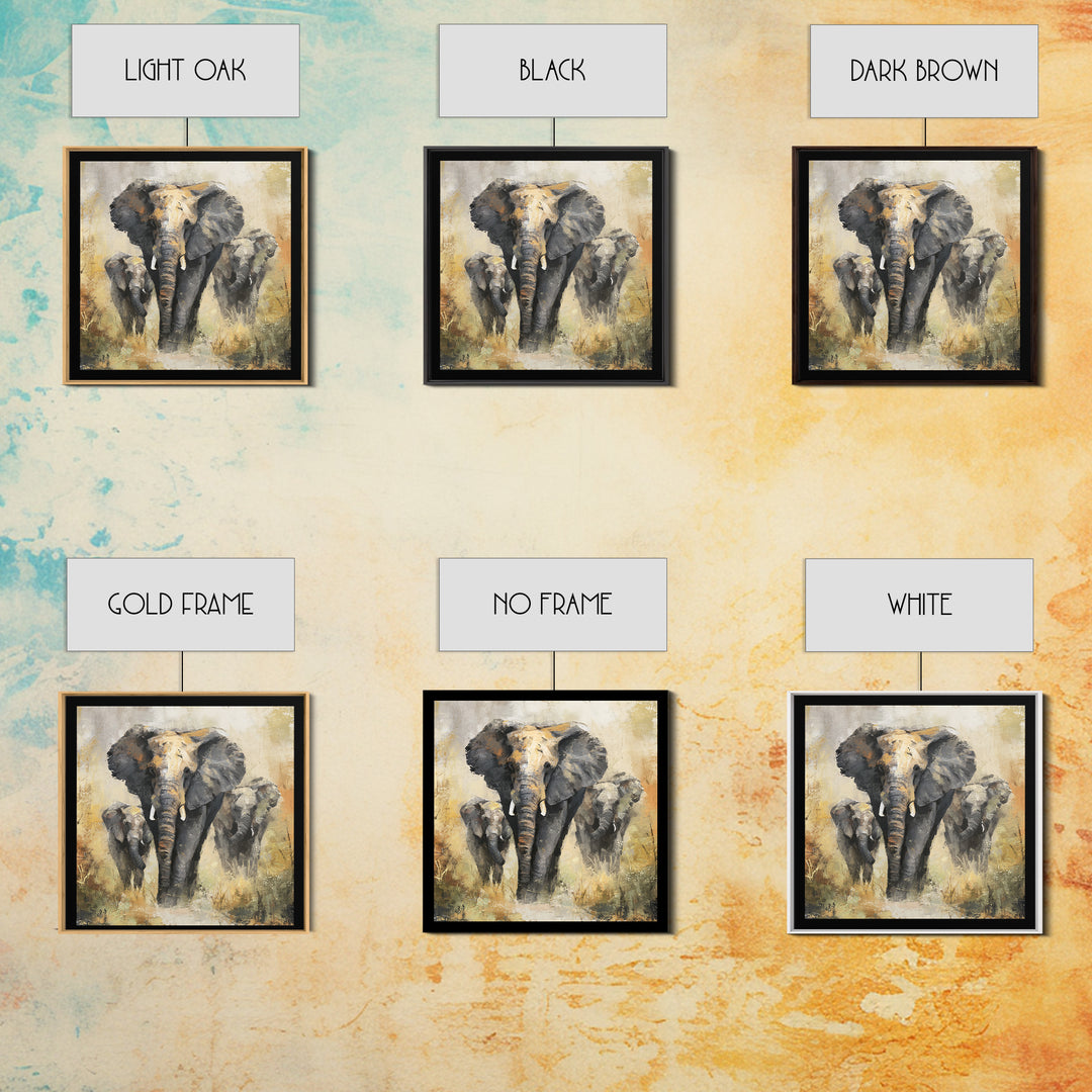 Elephant Family Walking Through Dusty Golden Light Canvas Print, Animal Art, Safari Nursery Decor, Living Room Decor, Creature, ANI-1x1-38