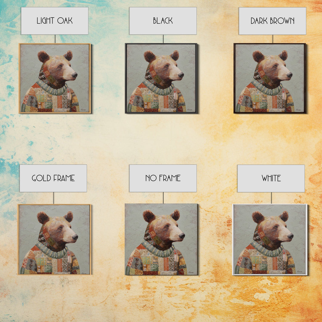 Whimsical Bear in a Patterned Sweater with Canvas Print, Animal Art, Modern Wall Art, Living Room Decor, Fine Art, Creature, ANI-1x1-50