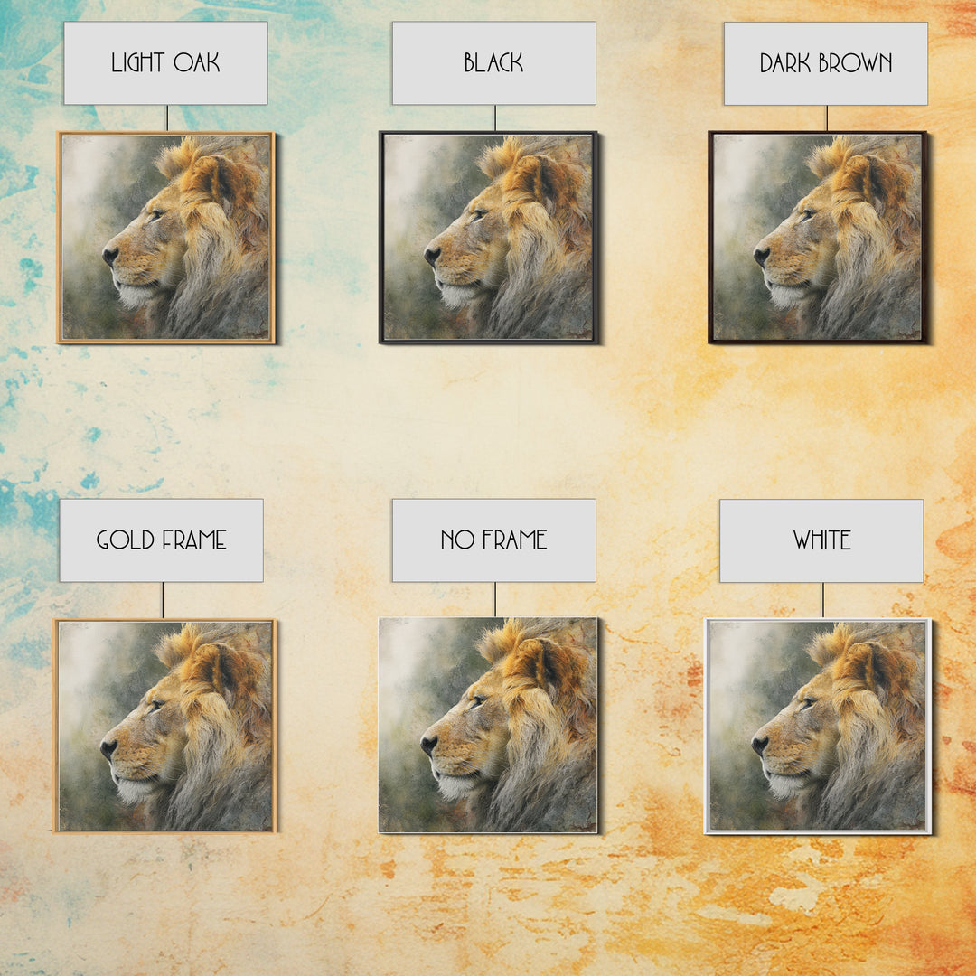 Regal Lion Profile Framed Canvas Print, Animal Art, Statement Artwork, Living Room Decor, Abstract Art, Creature, Wall Decor, ANI-1x1-57