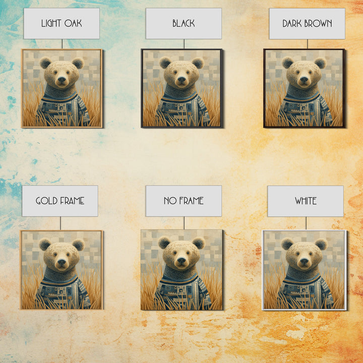 Whimsical Bear in a Patterned Sweater with Framed Canvas Print, Animal Art, Downloadable Art, Living Room Decor, Creature, ANI-1x1-74