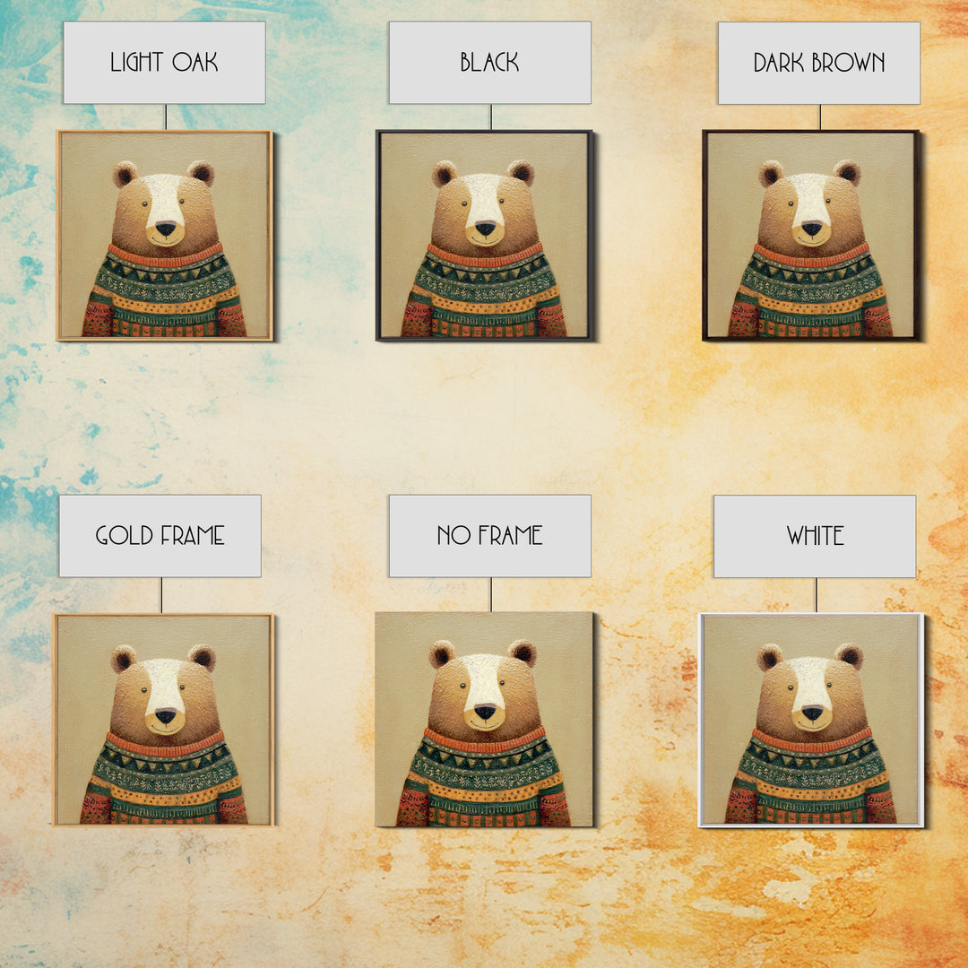 Whimsical Bear in a Patterned Sweater with Canvas Print, Animal Art, Boho Decor, Living Room Decor, Fine Art, Creature, ANI-1x1-98