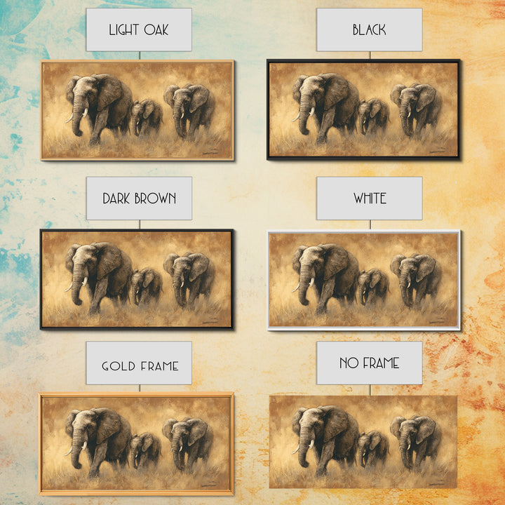 Elephant Family Walking Through Dusty Golden Light Framed Canvas Print, Animal Art, Art Print, Living Room Decor, Creature, ANI-2x1-10