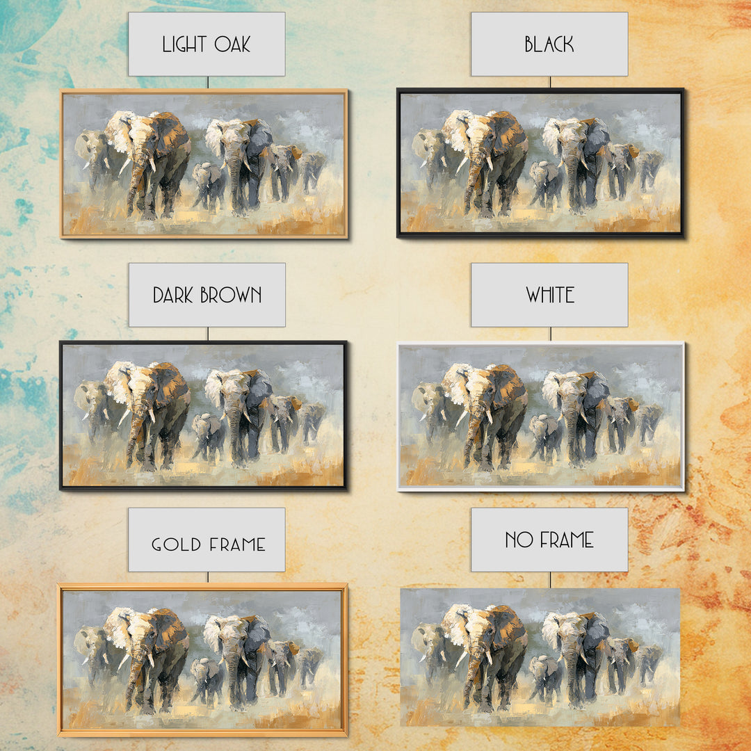 Elephant Family Walking Through Dusty Golden Light Framed Canvas Print, Animal Art, Art Print, Living Room Decor, Creature, ANI-2x1-34