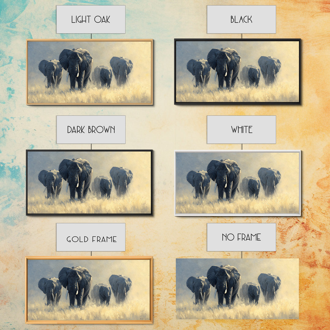 Elephant Family Walking Through Dusty Golden Light Canvas Print, Animal Art, Wall Art, Living Room Decor, Fine Art, Creature, ANI-2x1-58