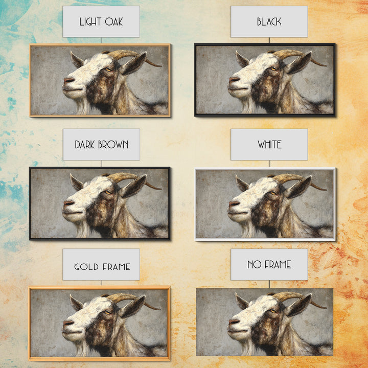 Goat Portrait with Rustic Folk Art Personality Framed Canvas Print, Animal Art, Digital Prints, Living Room Decor, Creature, ANI-2x1-65