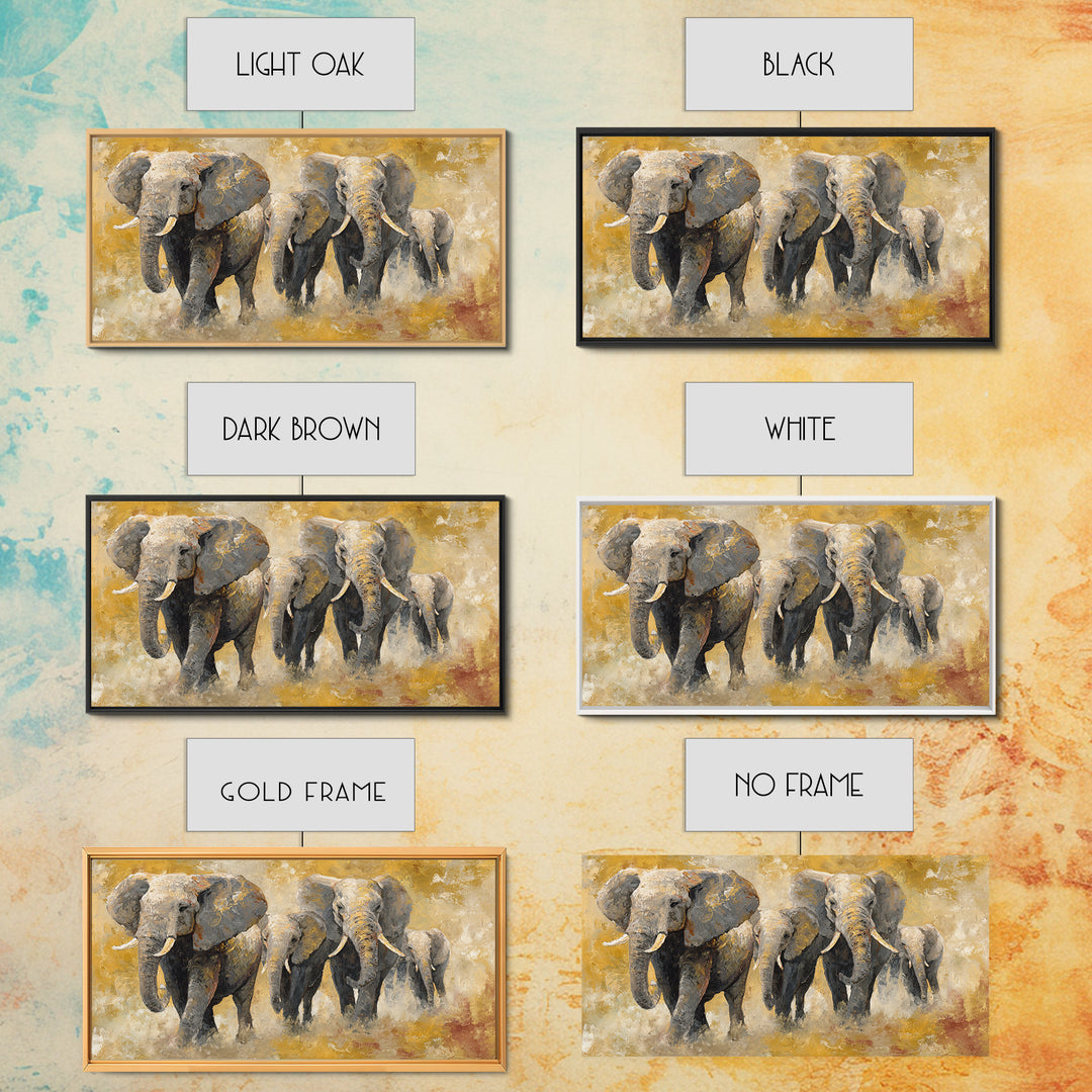 Elephant Family Walking Through Dusty Golden Light Canvas Print, Animal Art, Wall Art, Living Room Decor, Fine Art, Creature, ANI-2x1-82