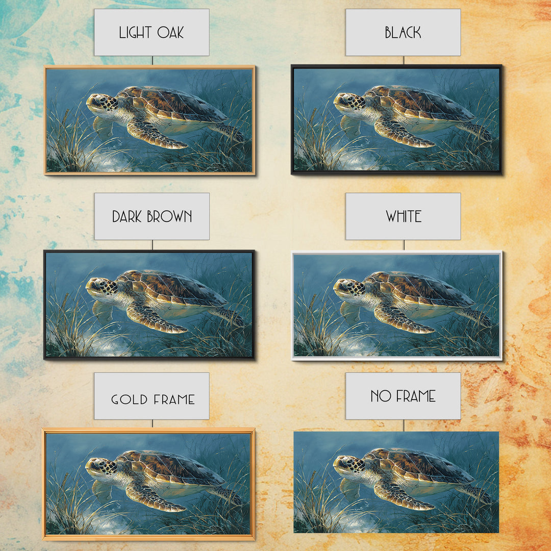 Sea Turtle Drifting Through Luminous Blue Water Framed Canvas Print, Animal Art, Home Decor, Living Room Decor, Creature, ANI-2x1-86