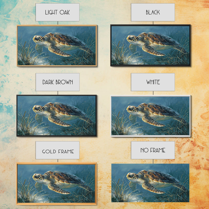 Sea Turtle Drifting Through Luminous Blue Water Framed Canvas Print, Animal Art, Home Decor, Living Room Decor, Creature, ANI-2x1-86