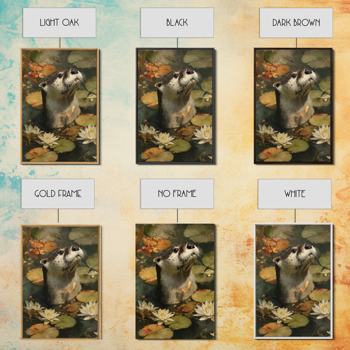 Playful Otter Floating Among Lily Pads Canvas Print, Animal Art, Boho Wall Art, Living Room Decor, Fine Art, Creature, ANI-2x3-16