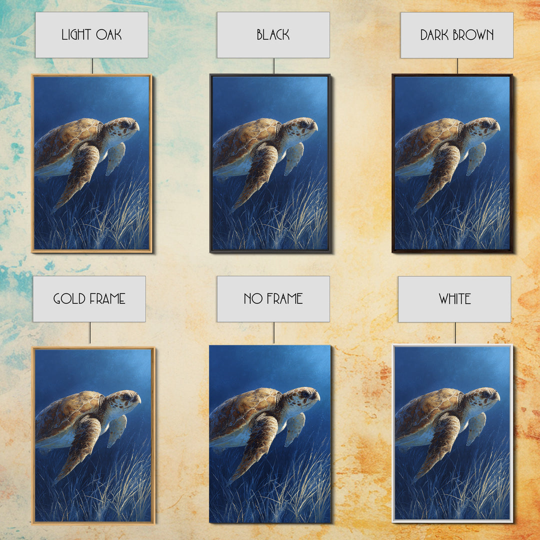 Sea Turtle Drifting Through Luminous Blue Water Framed Canvas Print, Animal Art, Boho Decor, Living Room Decor, Abstract Art, ANI-2x3-2