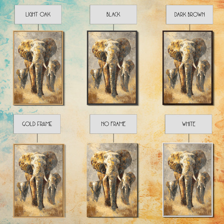 Elephant Family Walking Through Dusty Golden Light Canvas Print, Animal Art, Textured Painting, Living Room Decor, Creature, ANI-2x3-22