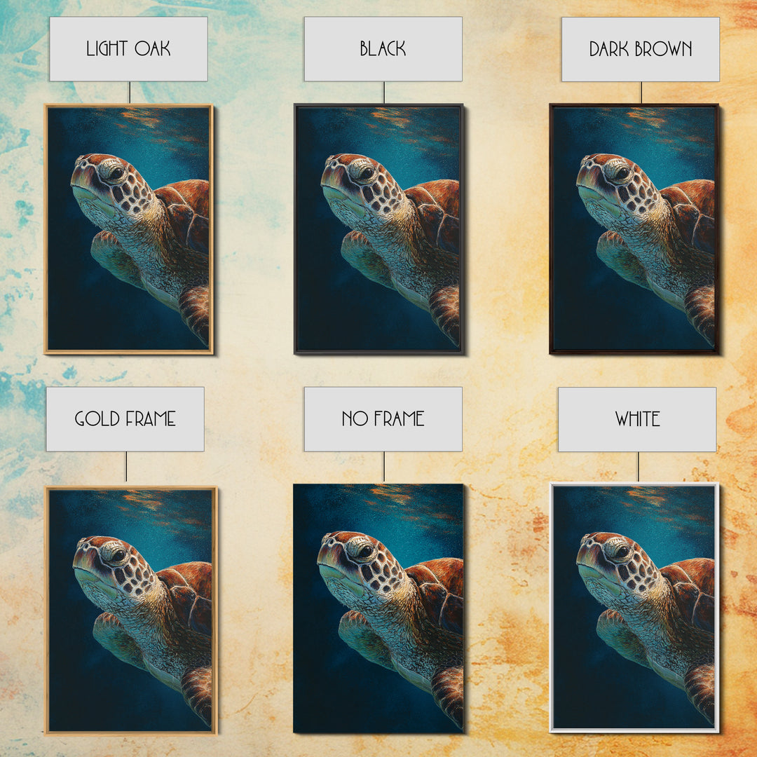 Sea Turtle Drifting Through Luminous Blue Water Framed Canvas Print, Animal Art, Boho Decor, Living Room Decor, Abstract Art, ANI-2x3-26