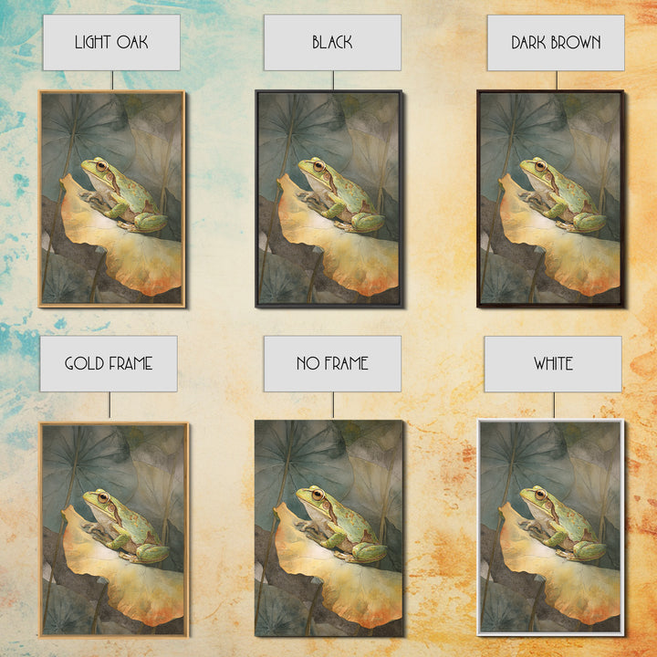 Frog on a Lotus Leaf Framed Canvas Print, Animal Art, Art Deco, Living Room Decor, Oil Painting, Creature, Cat Art, ANI-2x3-28