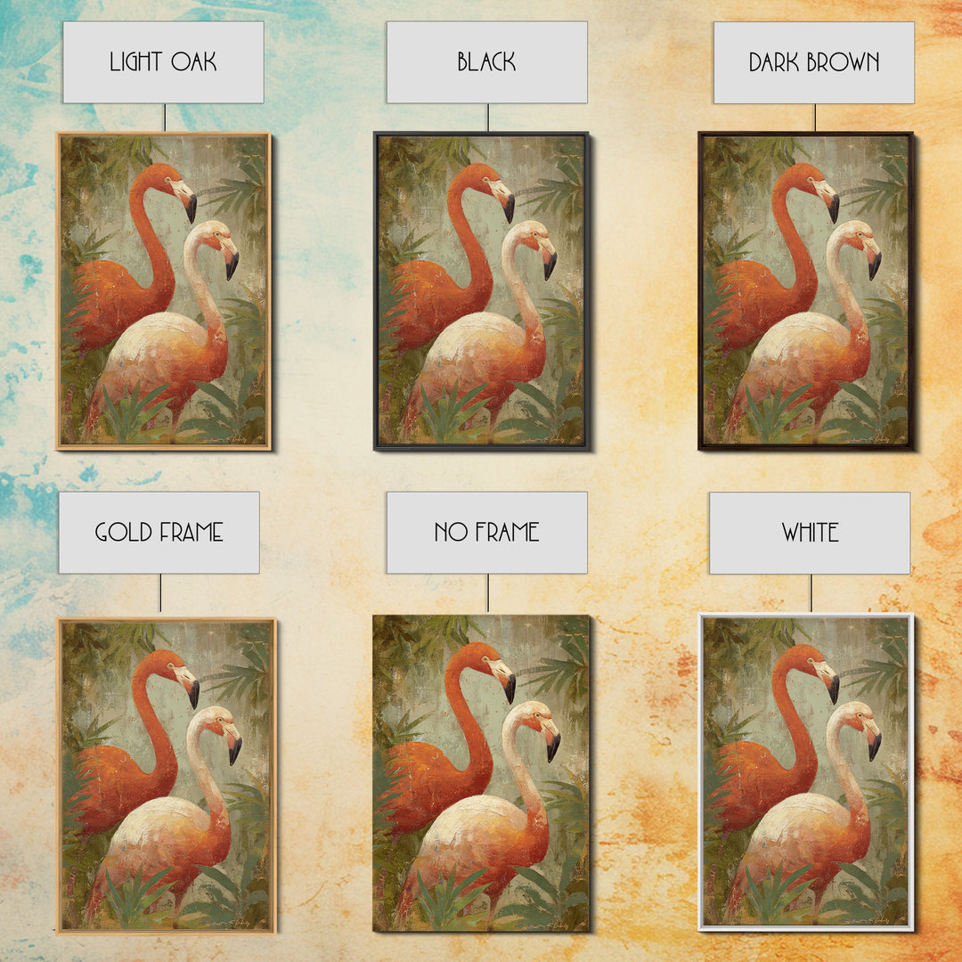 Flamingo Pair in Elegant Coral and Cream Framed Canvas Print, Animal Art, Trendy Wall Art, Living Room Decor, Creature, ANI-2x3-3